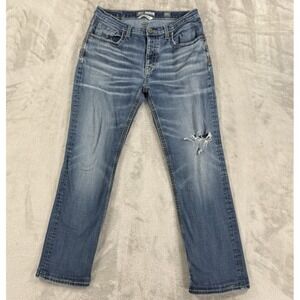 BKE Jeans Mens 36L Tyler Button Fly Distressed Double Pockets Western Whiskered